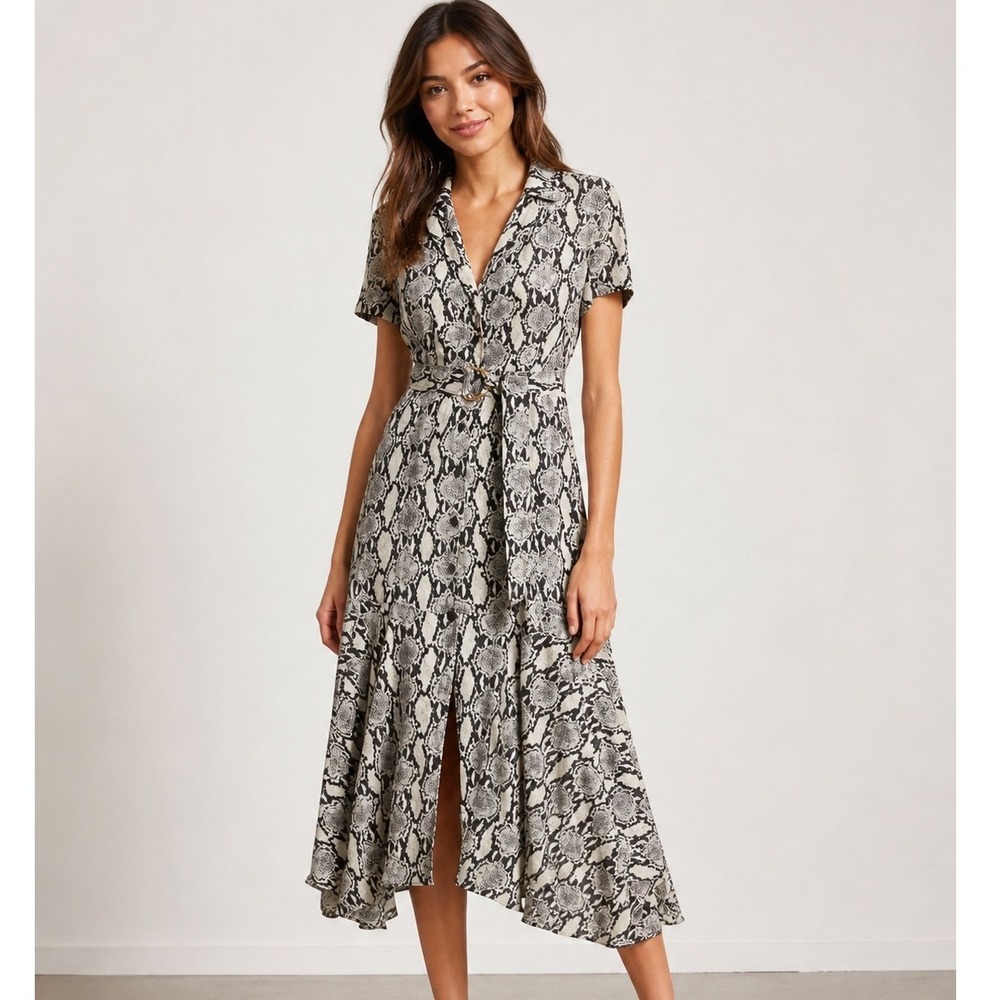 ALC Revolve Snakeskin Silk Button Down Belted Midi Dress Old Money Quiet Luxury